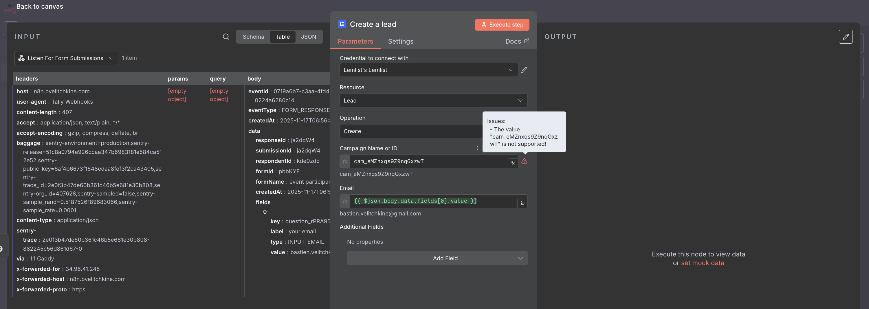 n8n displays error on lemlist campaign id