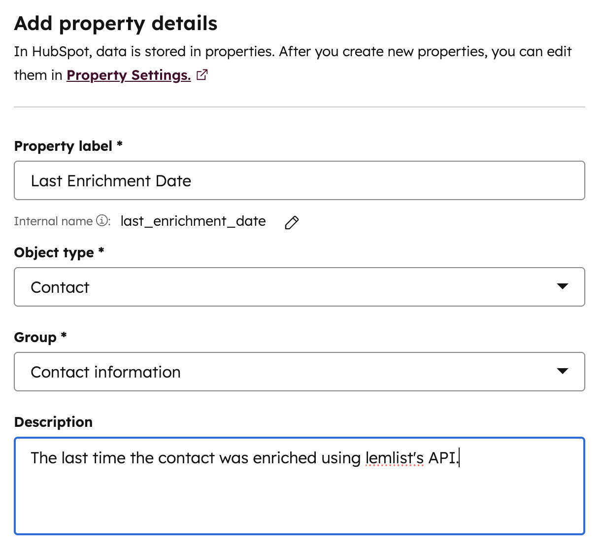 final HubSpot property settings