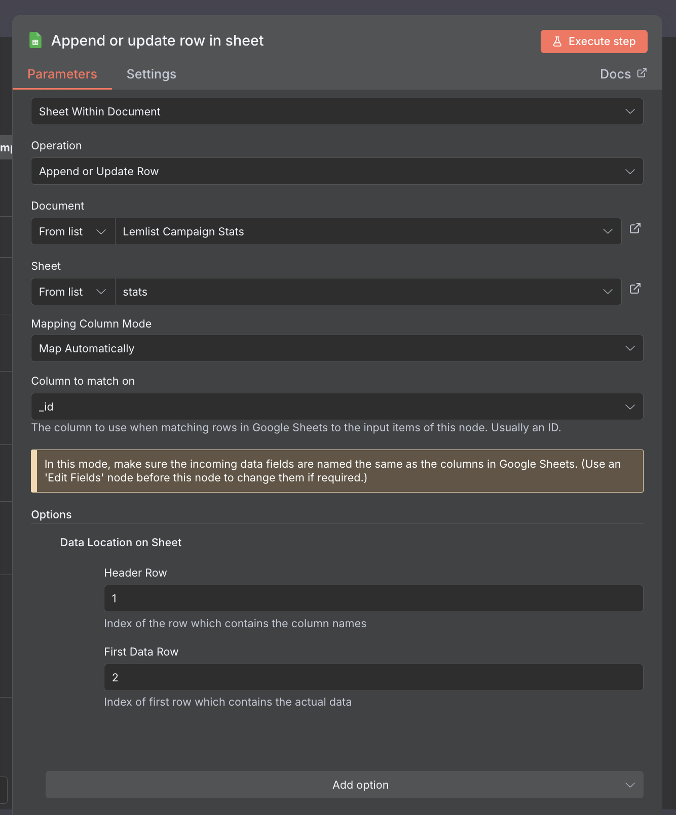 node configuration with matching column