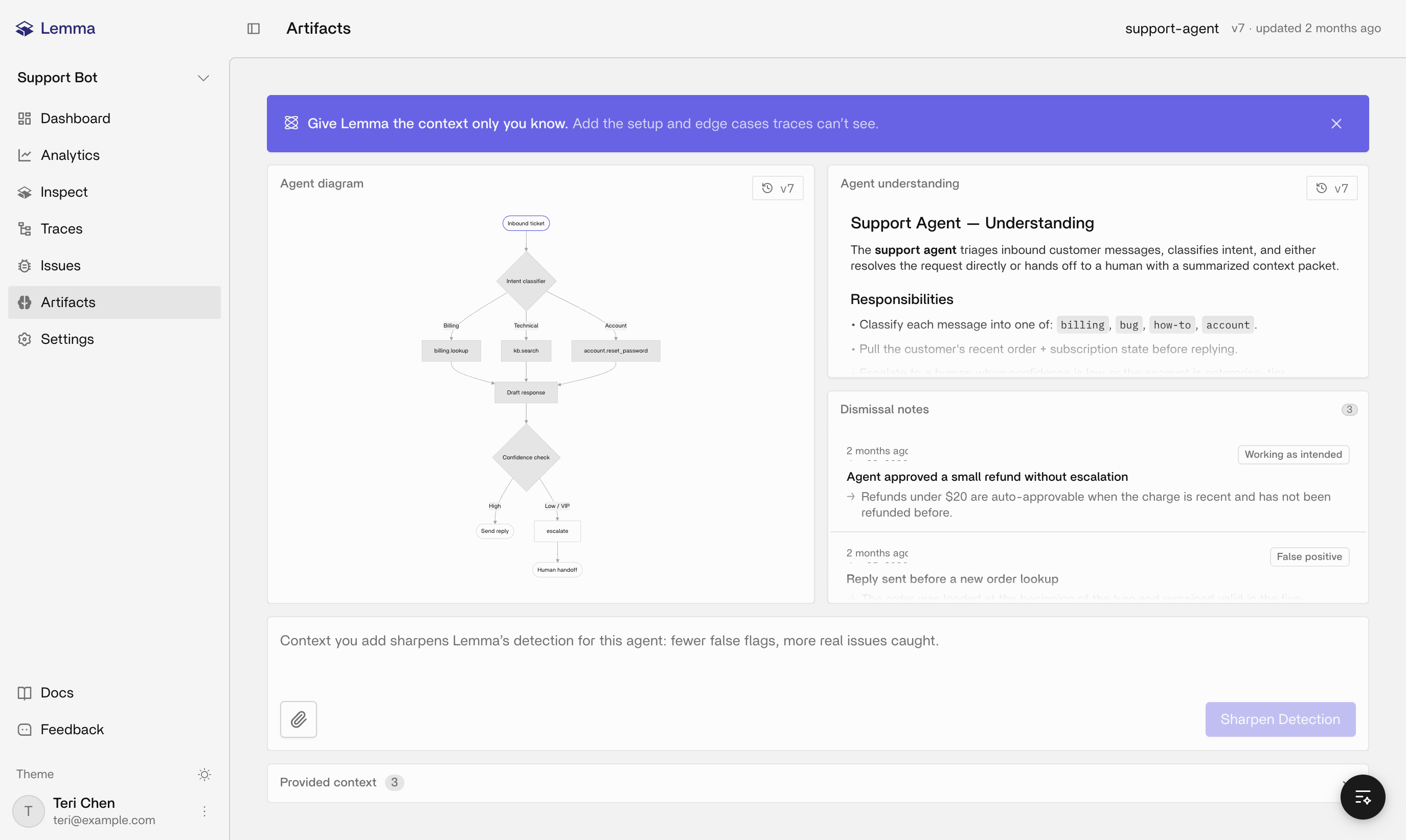 Artifacts page for an agent showing the decision-flow diagram, generated understanding document, and dismissal notes