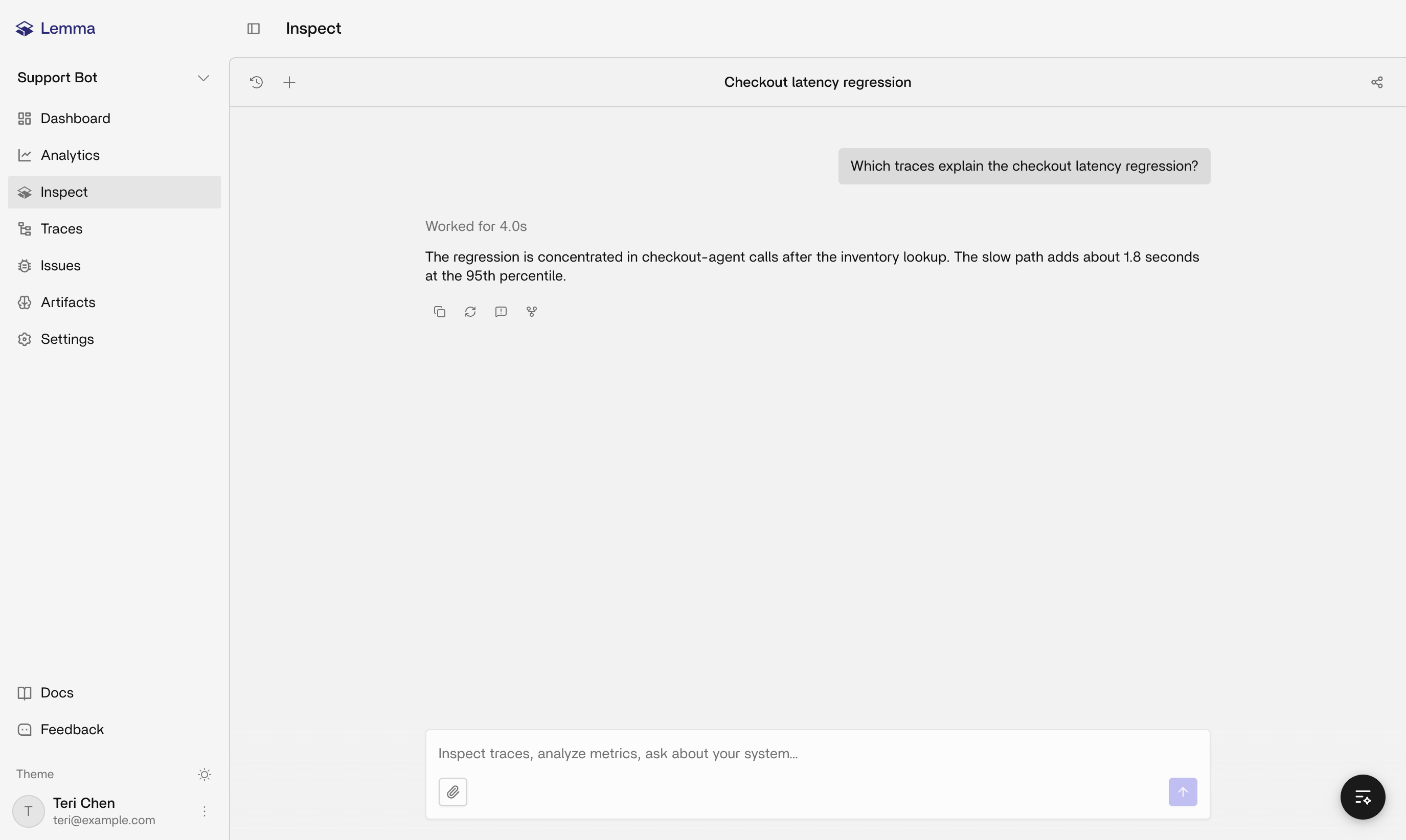 Inspect conversation showing a question about a latency regression and an answer grounded in trace evidence