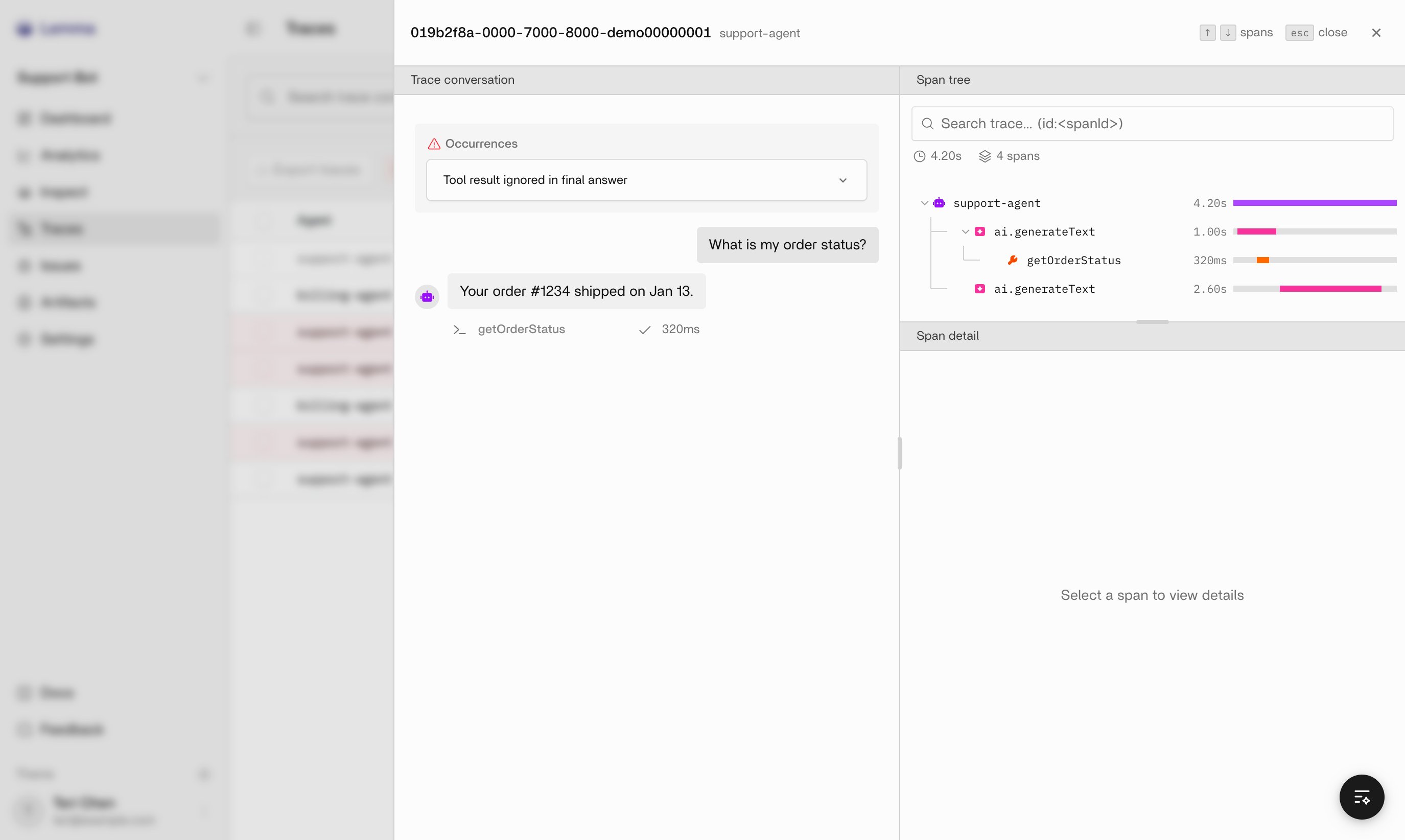 Trace detail view with the conversation and an occurrence dropdown on the left, and the execution tree with span timings on the right