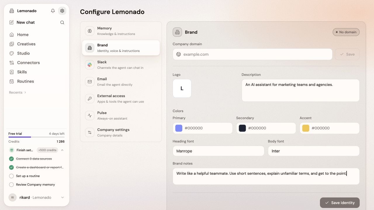 Brand form with example description, fonts, and concise writing guidance ready to save