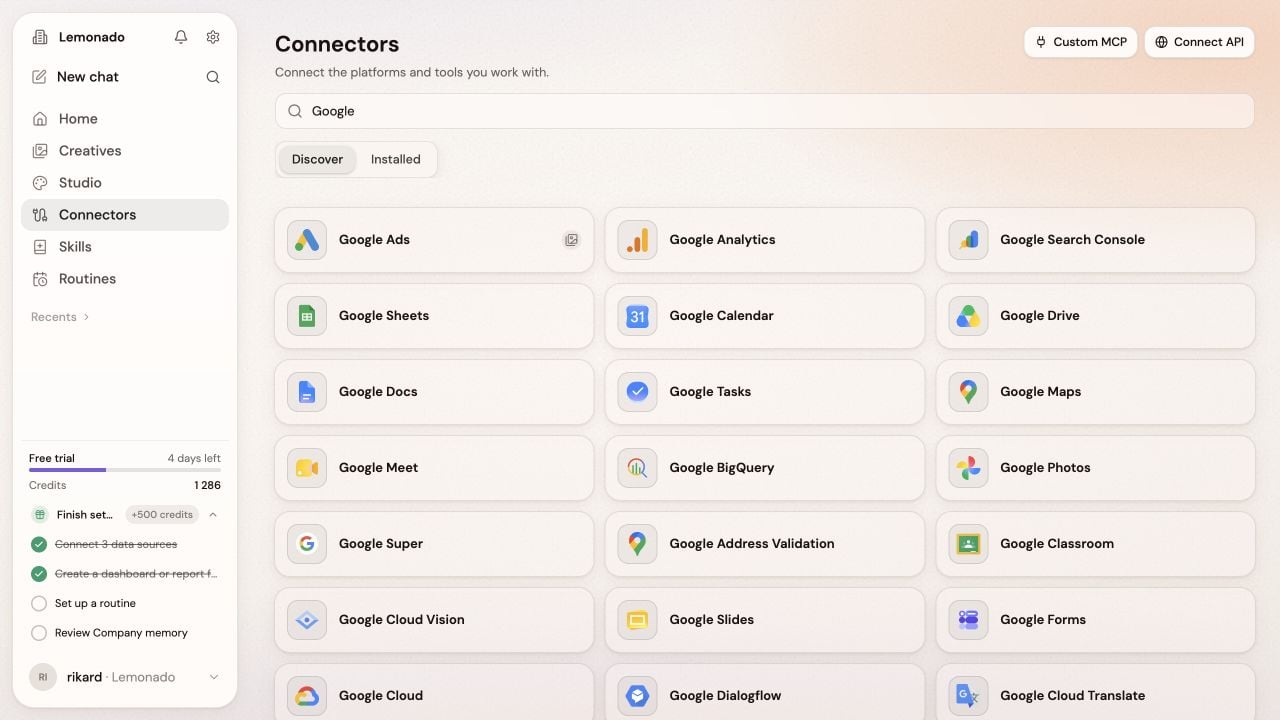 Search for your marketing tools in Lemonado's Connectors page