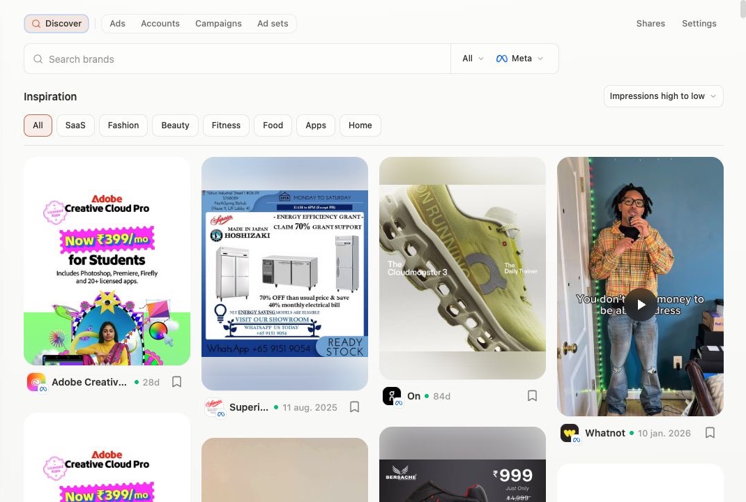 Creative Discover gallery with brand search, categories, and ad inspiration