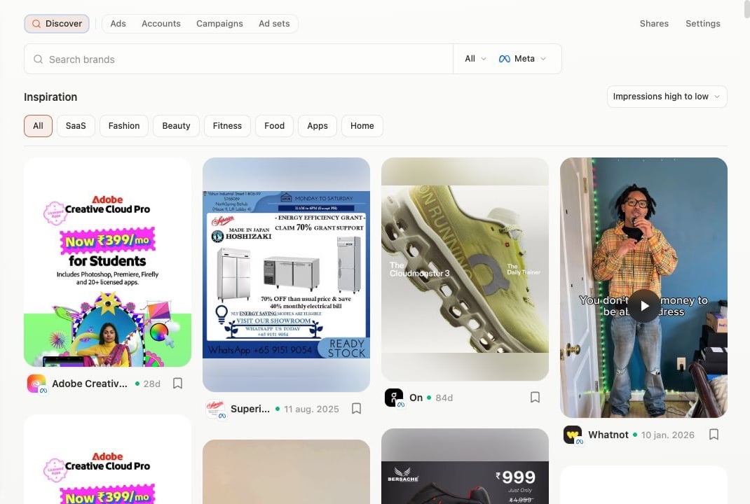 Creative Discover gallery with brand search, categories, and ad inspiration