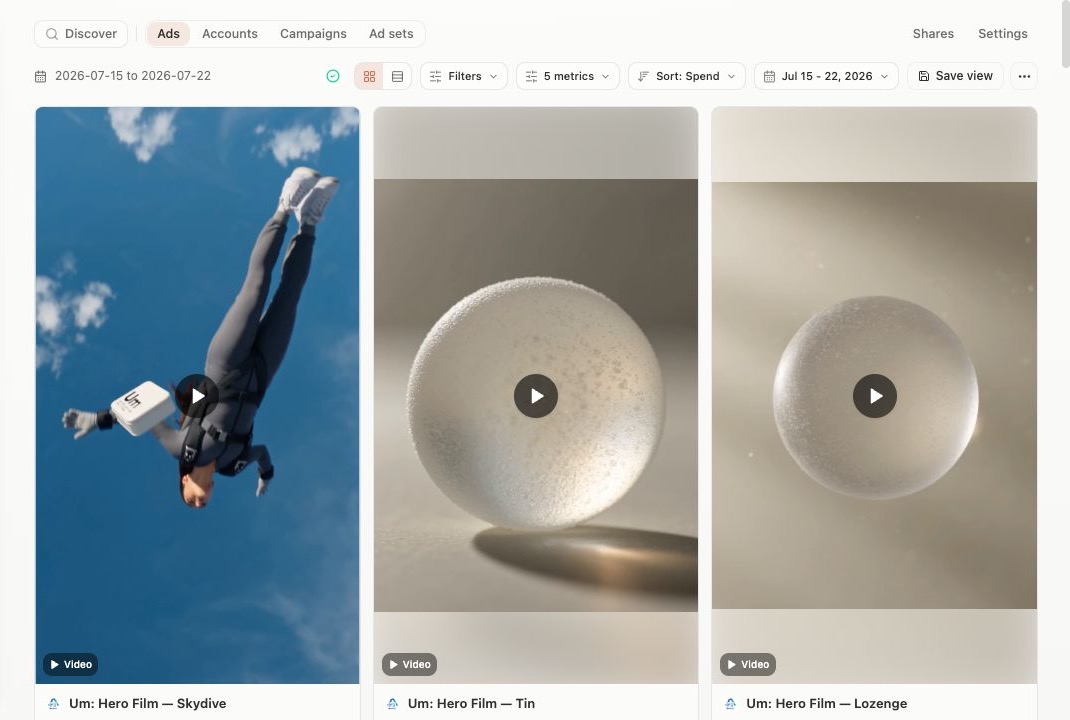 Creatives gallery with three video ads and performance controls
