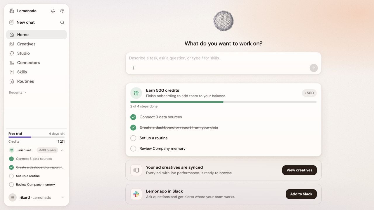 Lemonado Home with the request composer and current navigation, including Routines