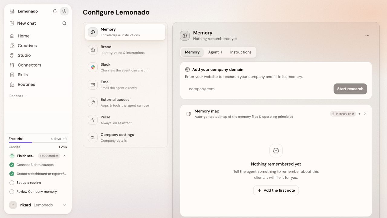 Memory settings with company website research and Add the first note options