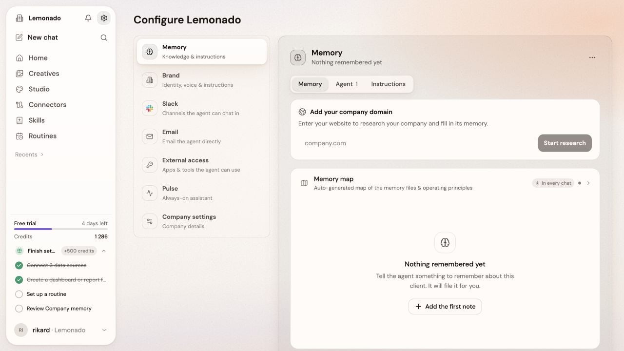 Memory settings with company website research and Add the first note options