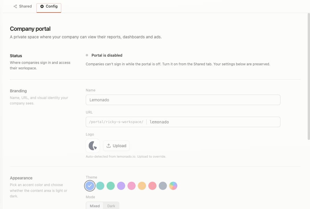 Client Portal configuration with branding and appearance settings