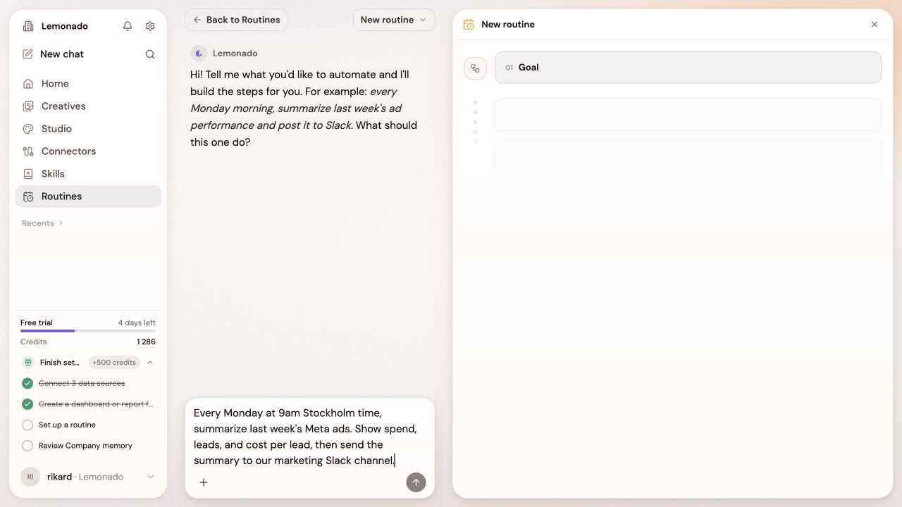 New routine editor with an example weekly performance request ready to send