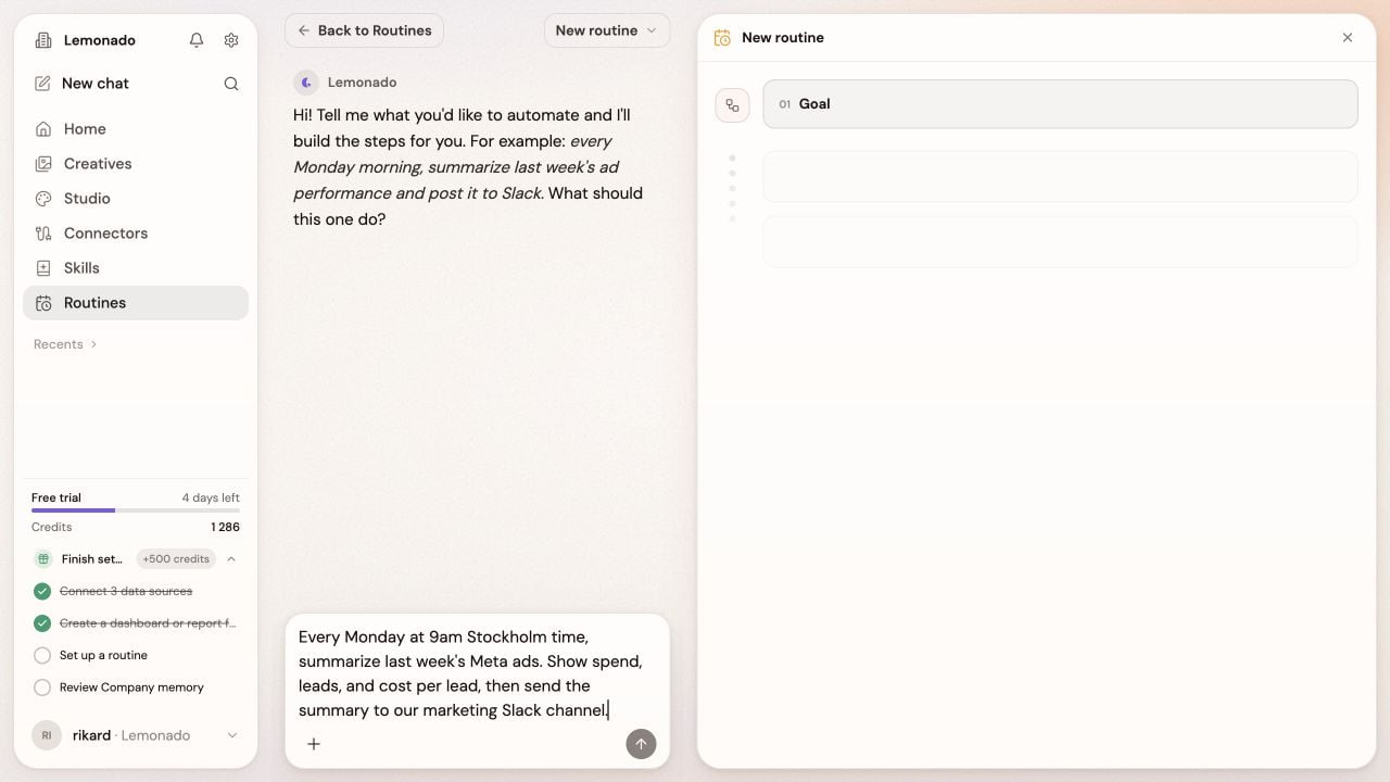 New routine editor with an example weekly performance request ready to send