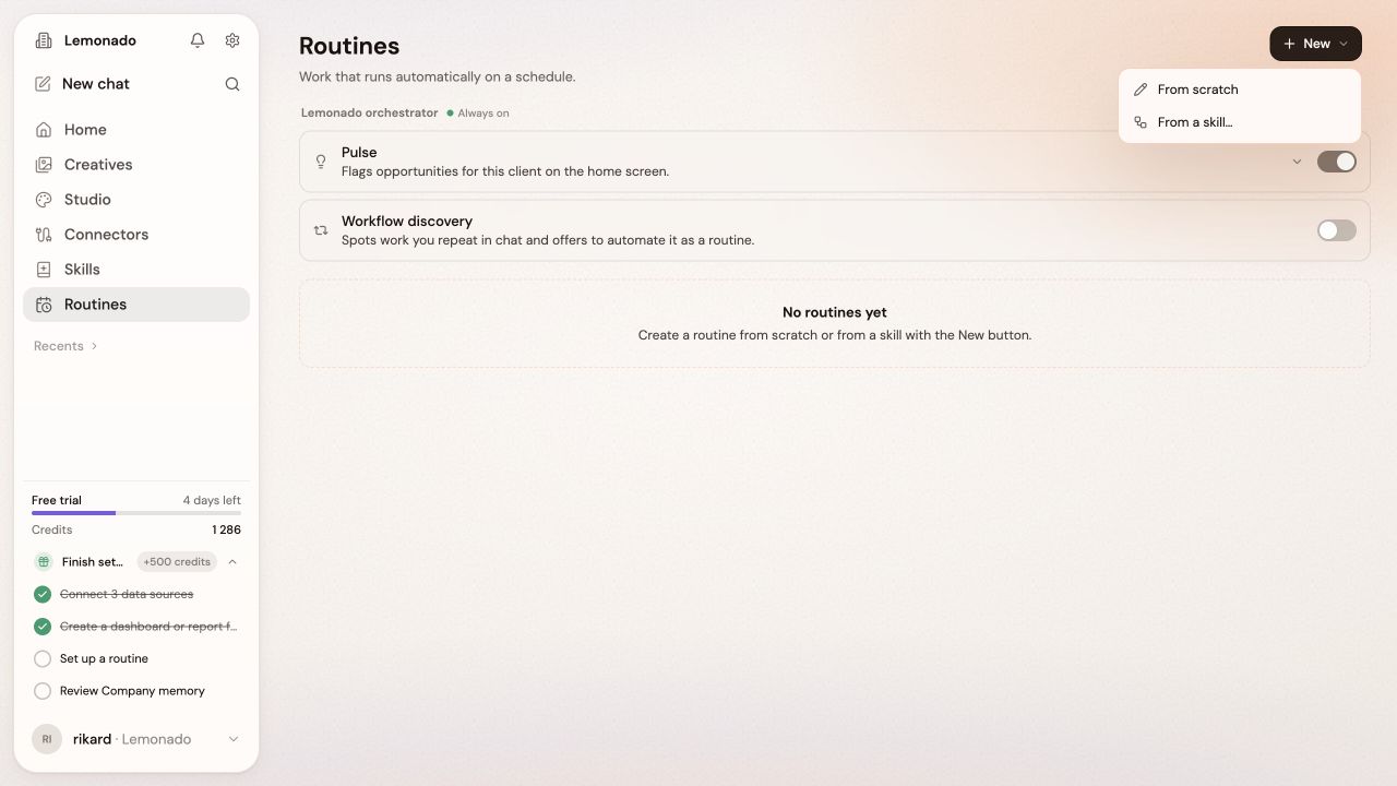 Routines page with the New menu showing From scratch and From a skill