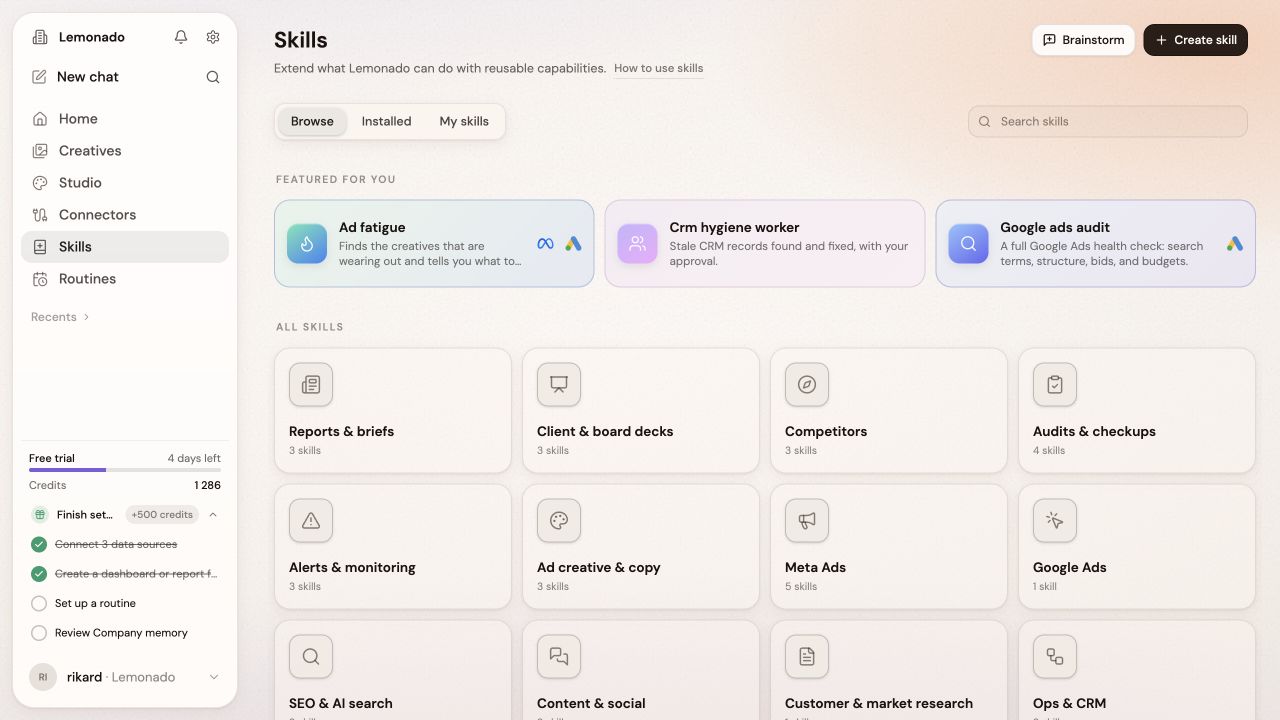 Skills catalogue with Browse, Installed, and My skills tabs and marketing categories