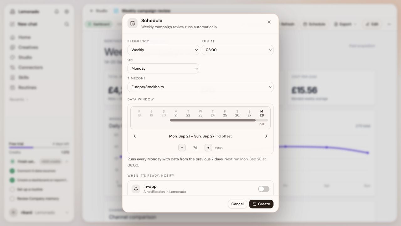 Schedule dialog with weekly frequency, Monday run time, time zone, and a seven-day data window