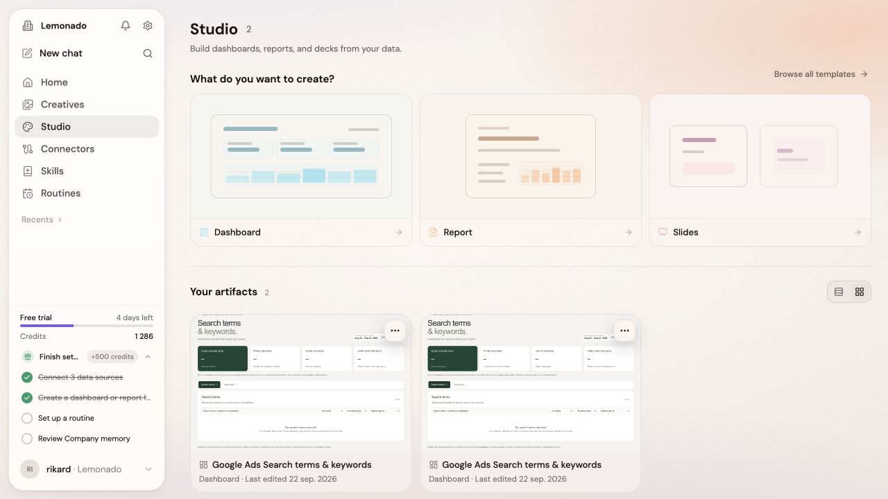 Studio with Dashboard, Report, and Slides options for creating client work