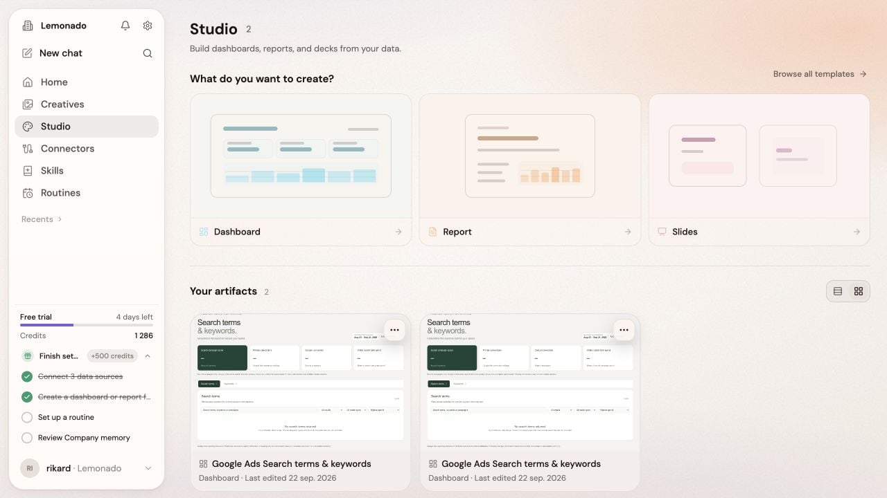 Studio with Dashboard, Report, and Slides options for creating client work