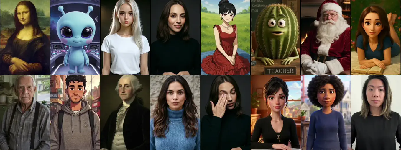 Looping CWM-1 examples: any character, whole-body motion, collar adjustments, and hair interactions