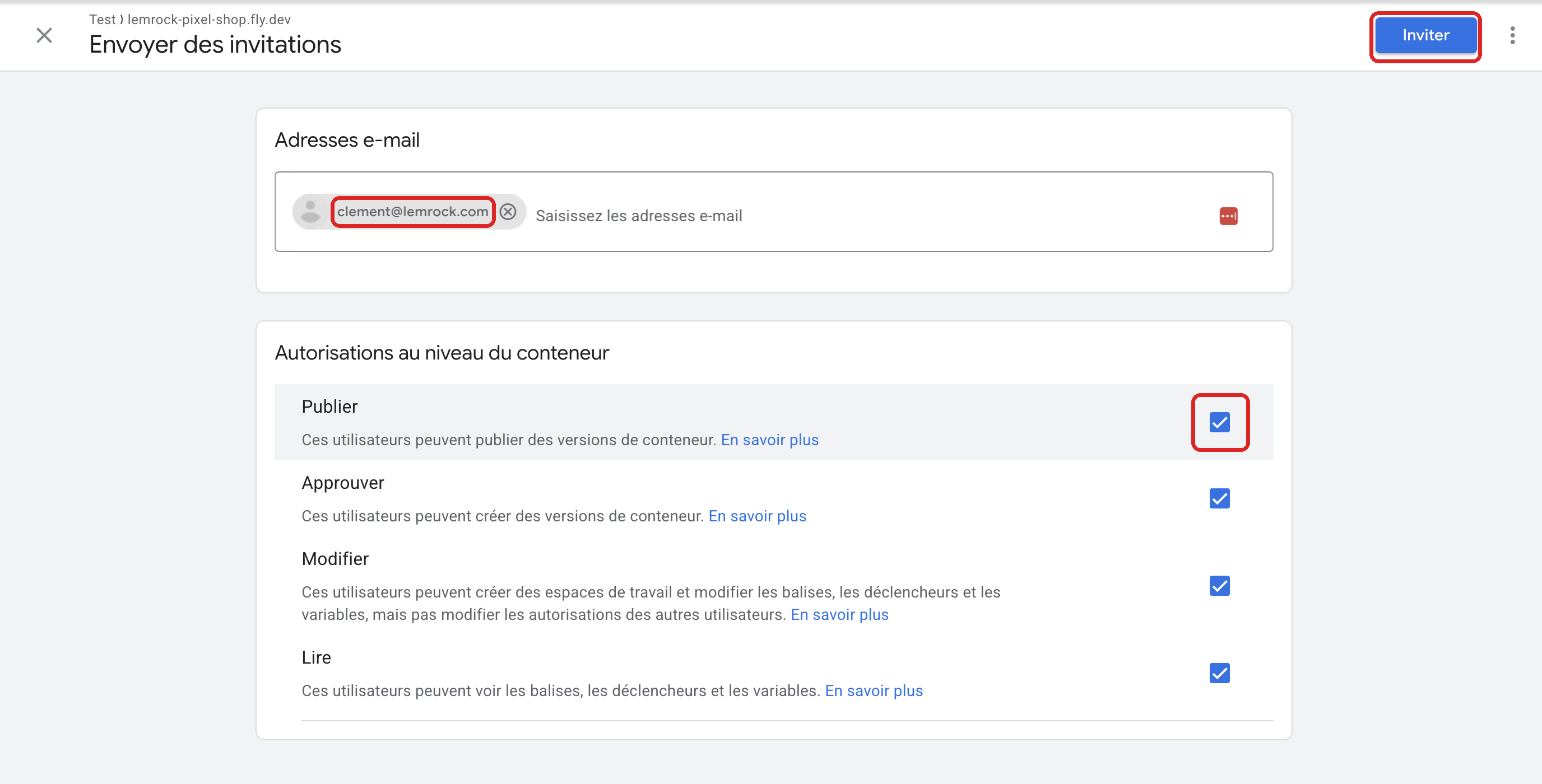 Invitation avec l'autorisation Publier
