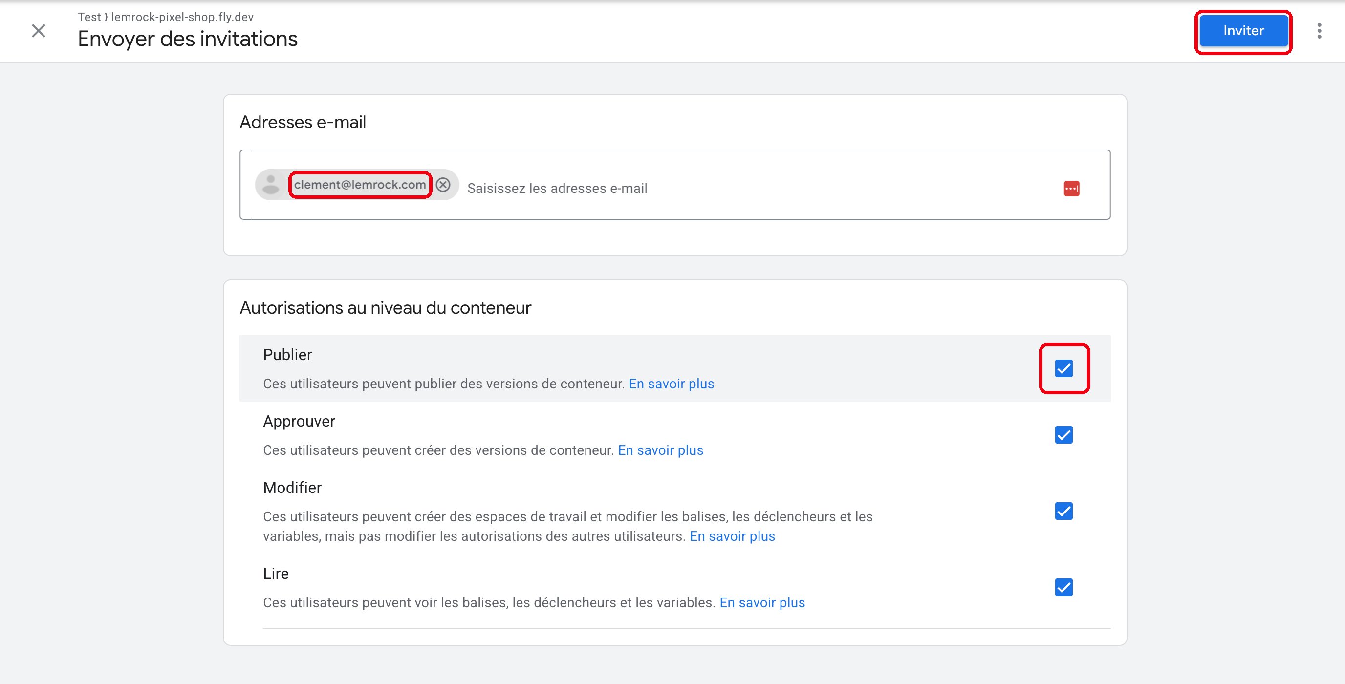 Invitation avec l'autorisation Publier