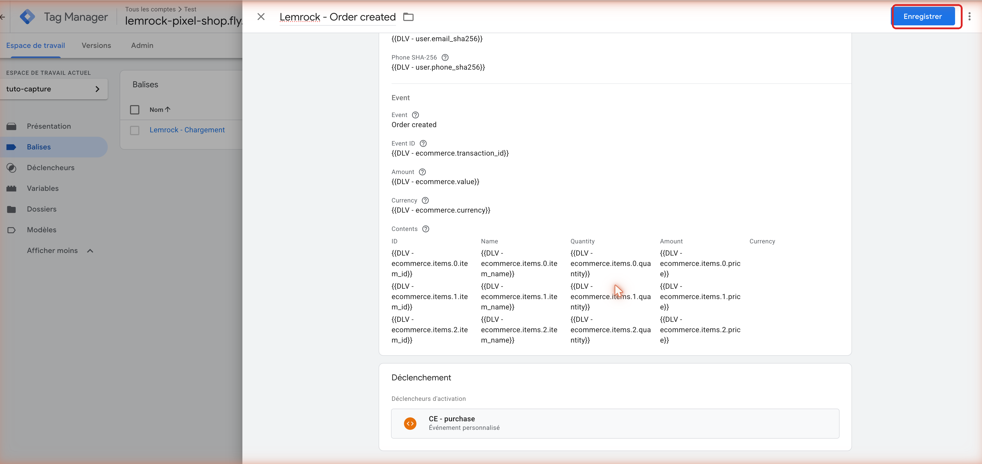 Résumé de la balise Order created