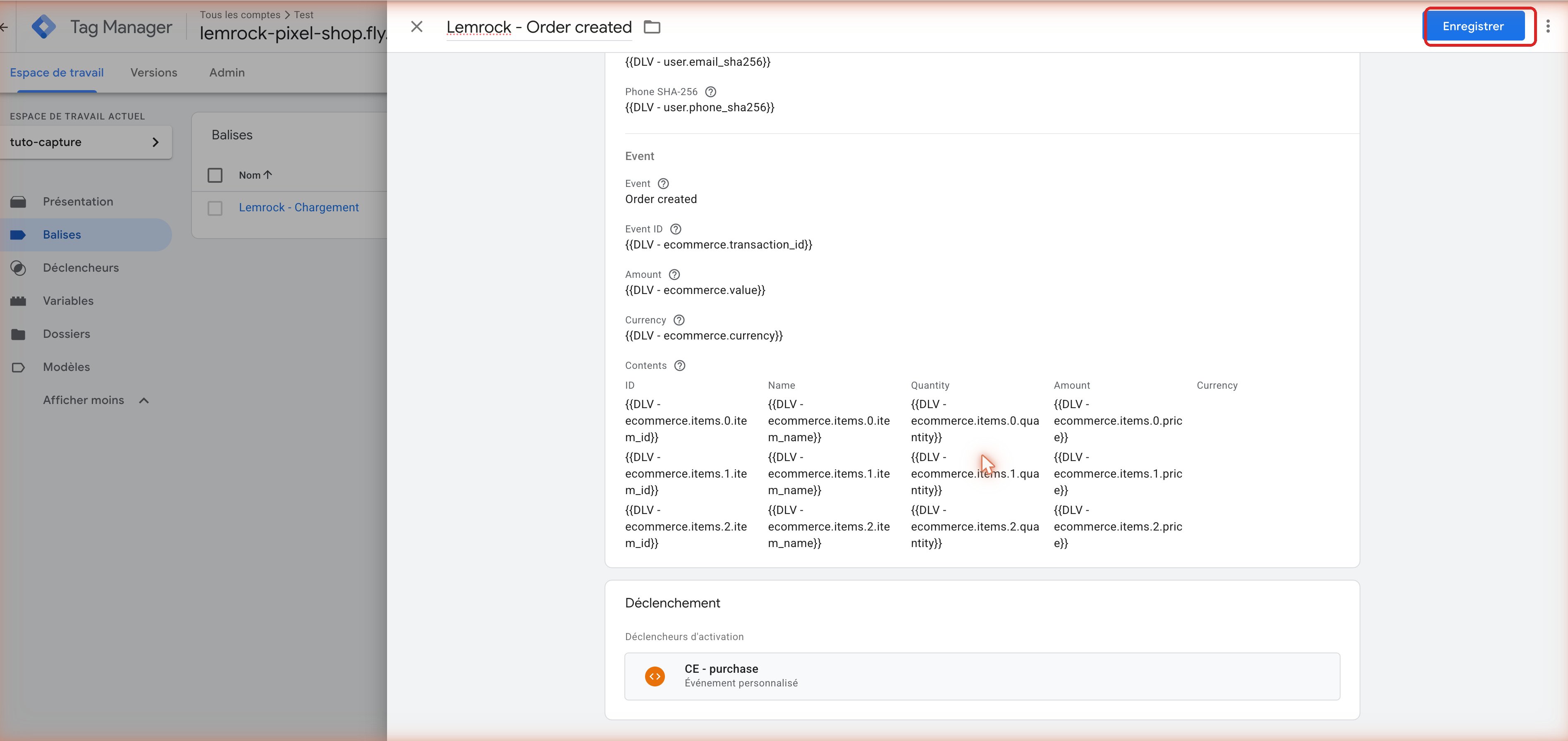 Résumé de la balise Order created