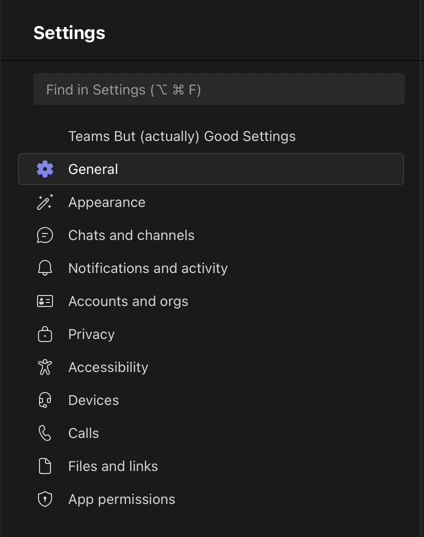 Teams Settings List