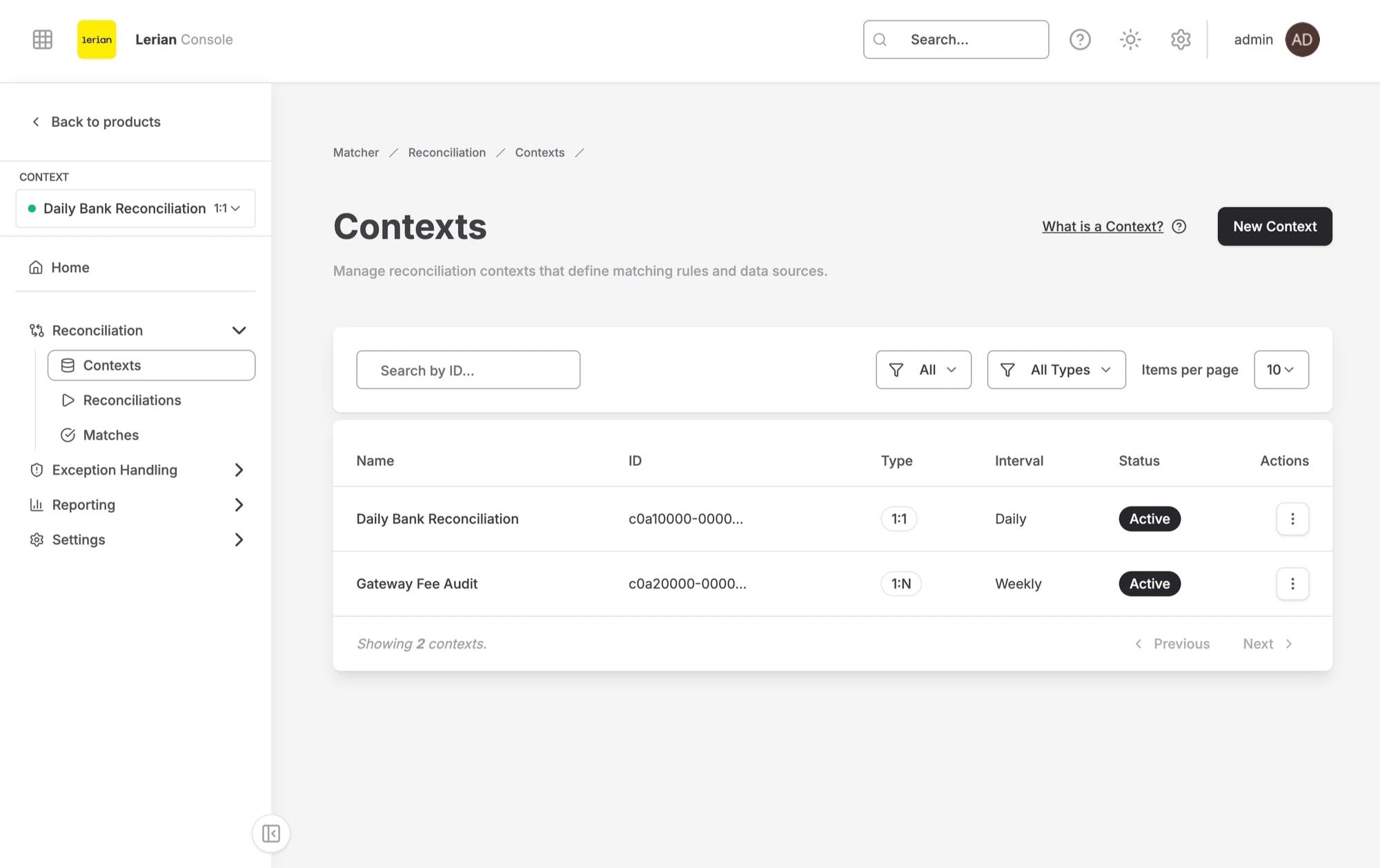 Matcher Contexts list page showing the configured reconciliation contexts