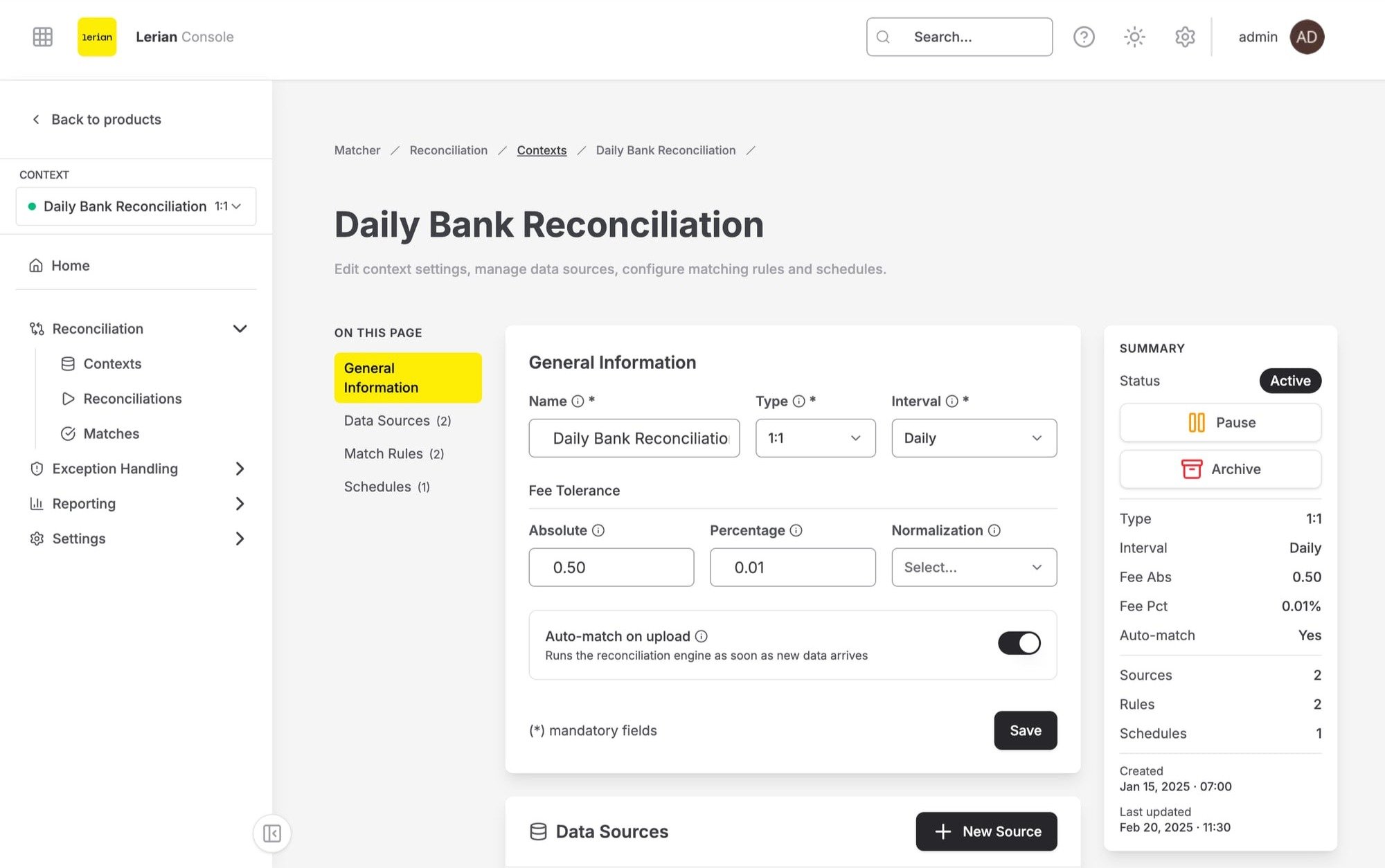 Matcher context detail page with its Sources, Rules, Fee Rules, and Schedules sections