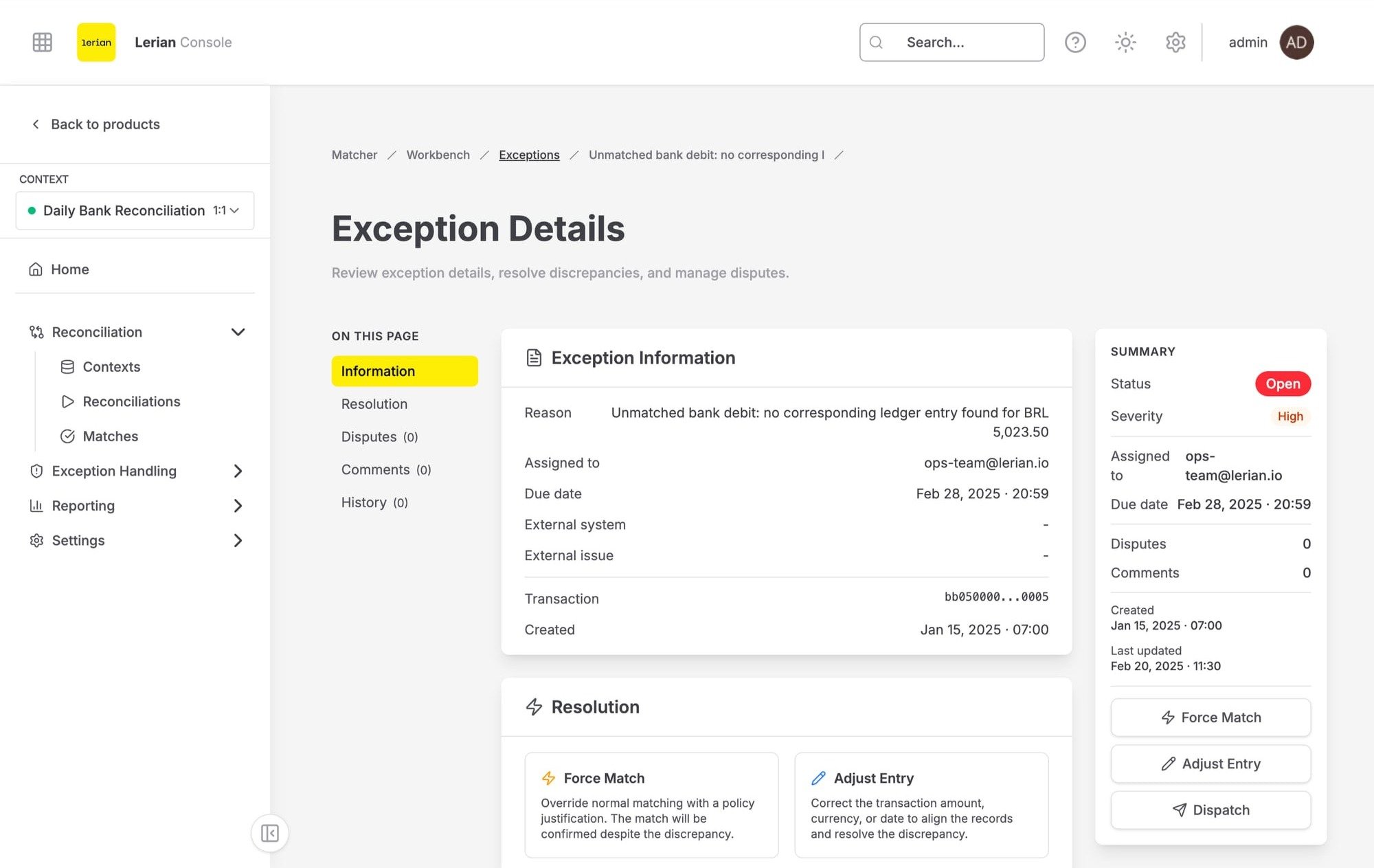 Matcher exception detail page showing the transaction information, candidate matches, comments, and action history