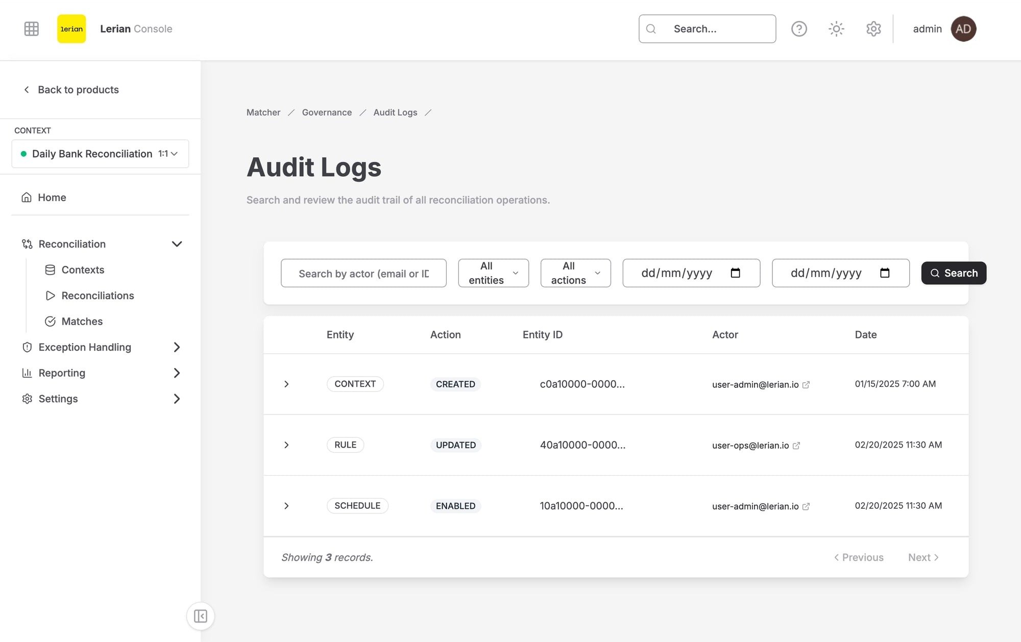Tabla de Logs de auditoría de Matcher que enumera las acciones registradas de usuarios y del sistema
