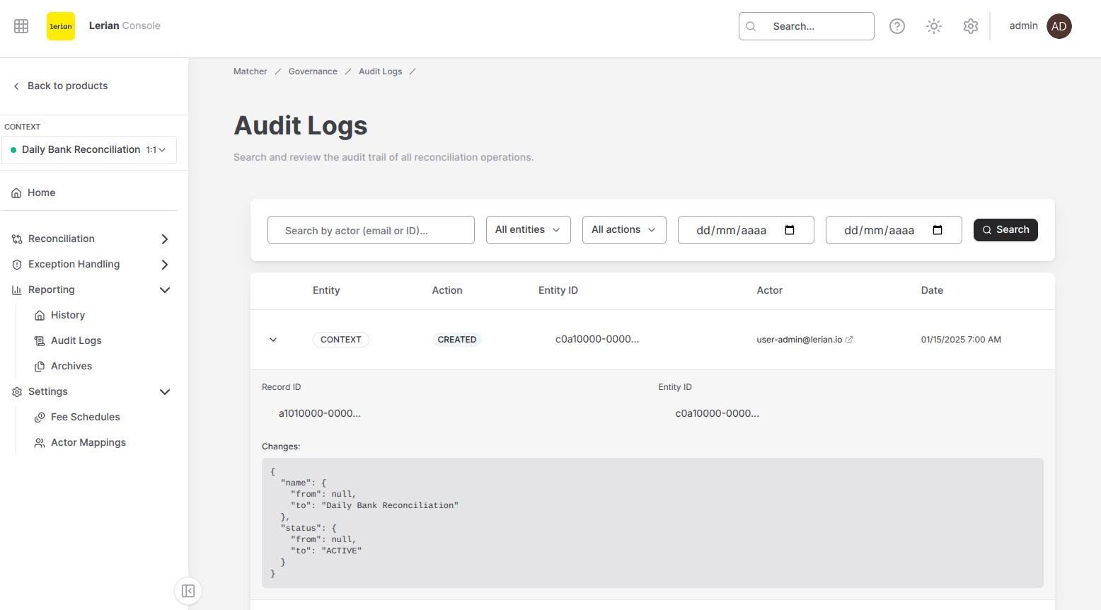 Entrada de log de auditoría de Matcher que muestra la carga JSON de auditoría registrada