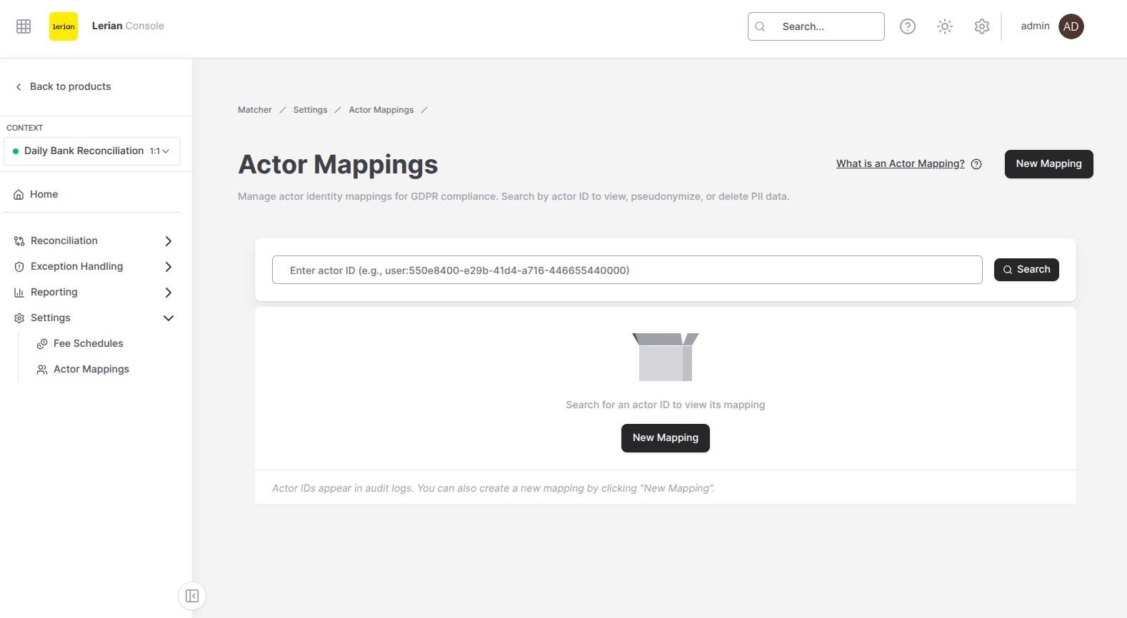 Página de búsqueda de Asignaciones de actor de Matcher, usada para vincular un ID de actor opaco con datos legibles