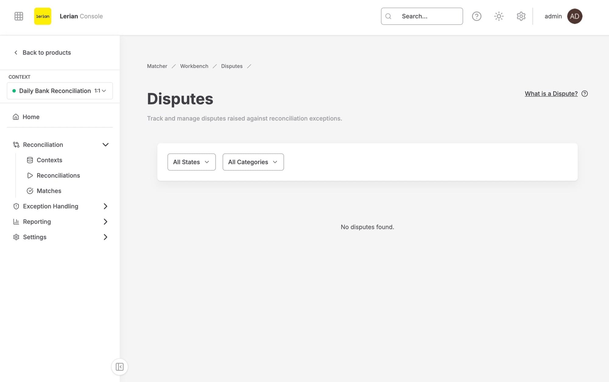 Página de lista de Disputas de Matcher que muestra las disputas filtradas por estado y categoría