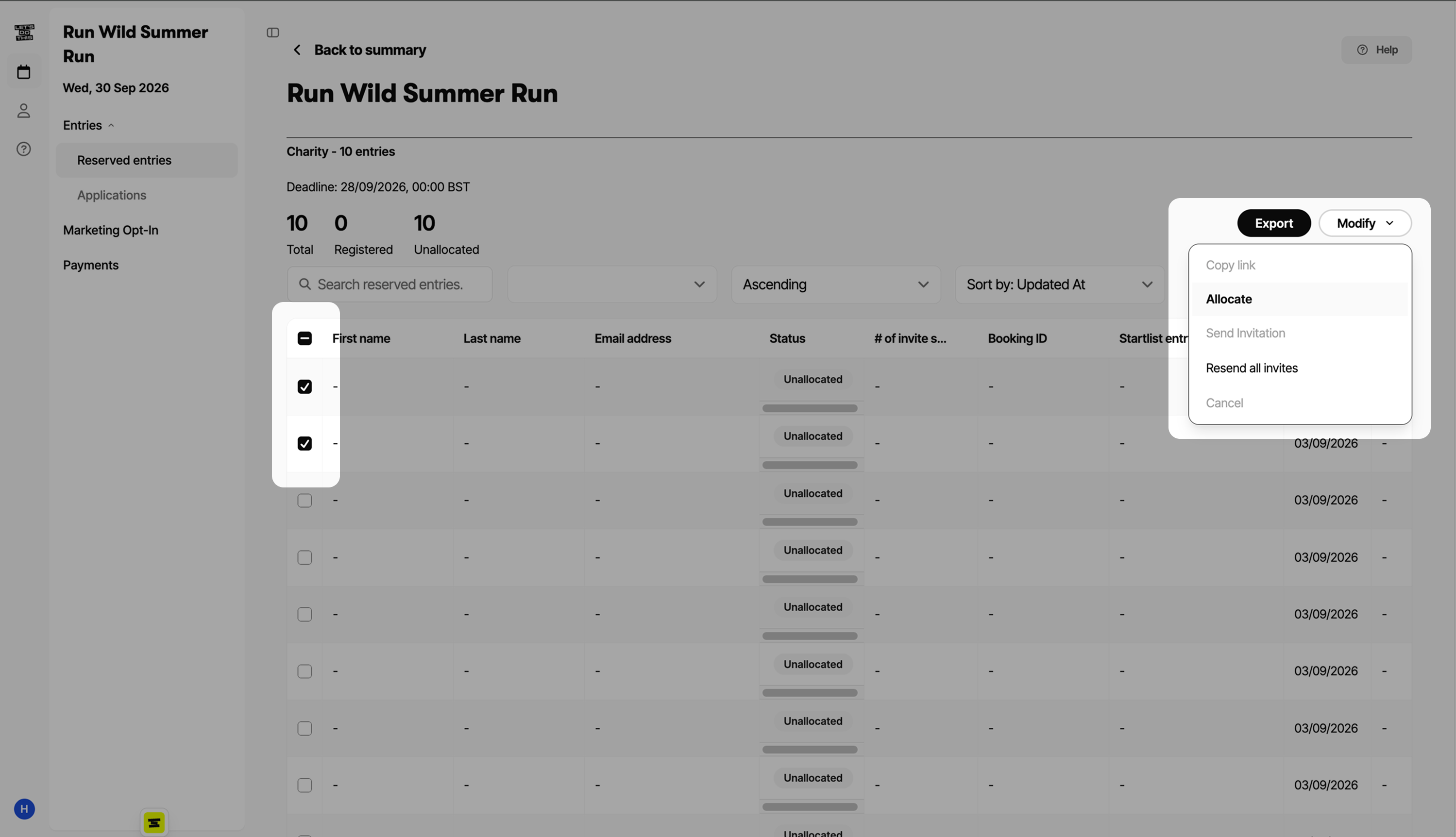 Reserved entries selected with the Modify menu open, showing the Allocate option