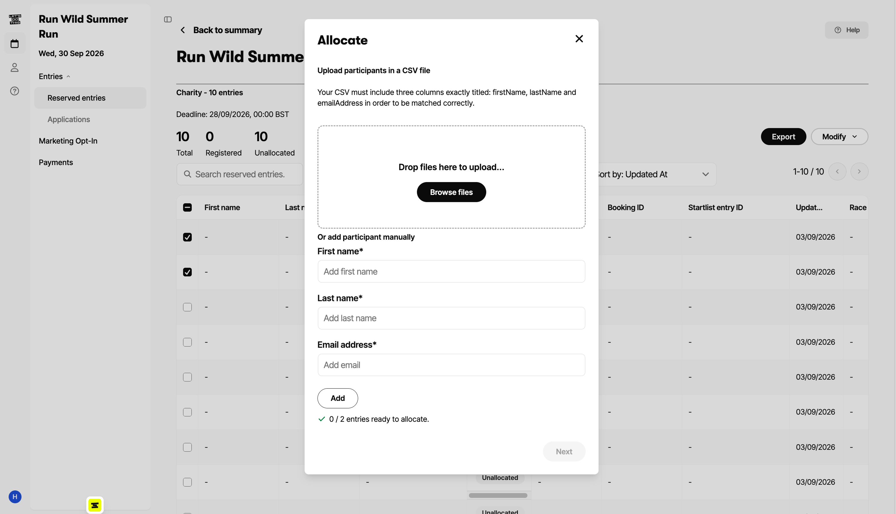 The Allocate window for uploading a CSV of participant names and email addresses, or adding people manually