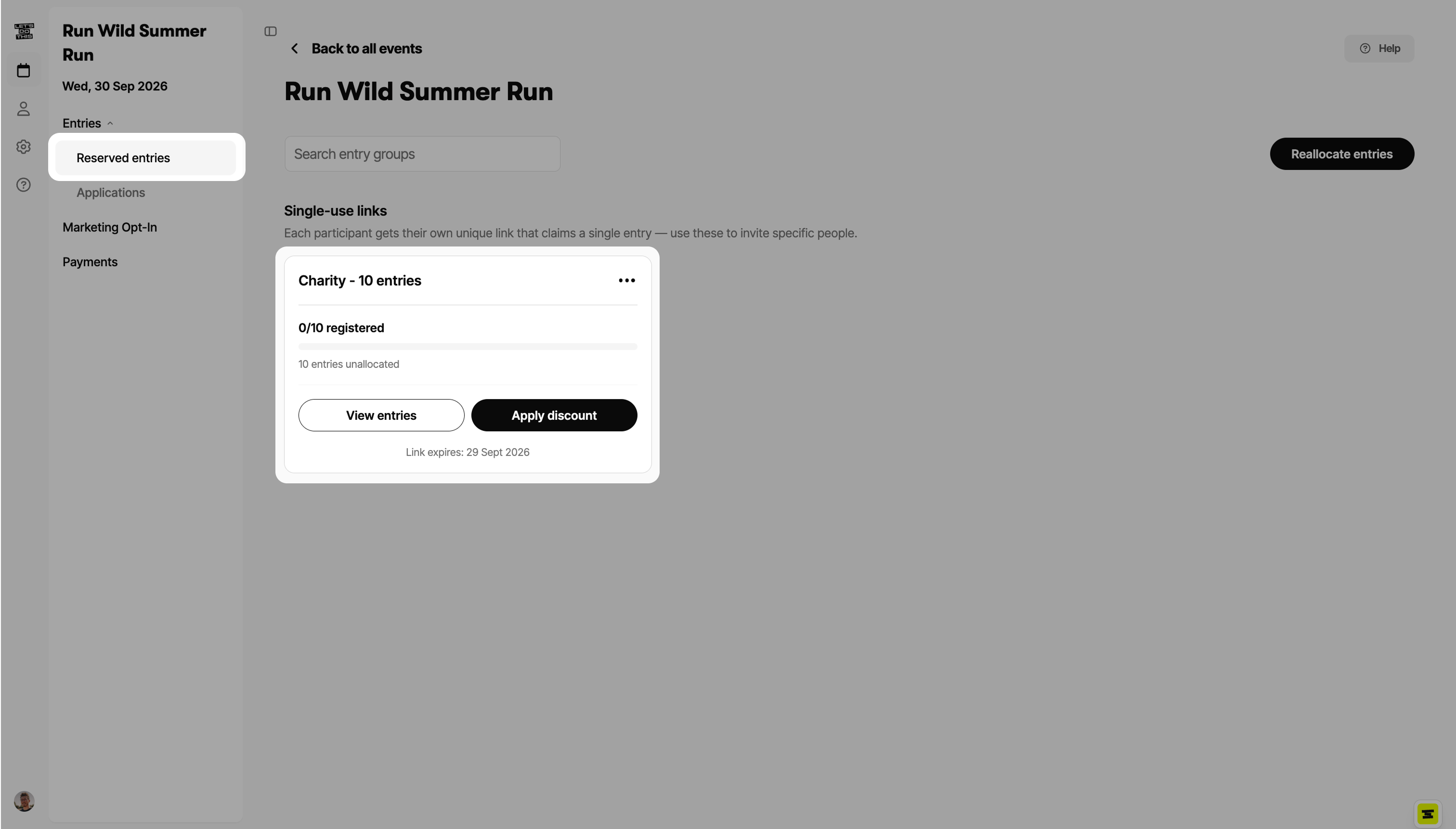 A reserved entry card on the Reserved Entries page showing entries unallocated, with View entries and Apply discount buttons