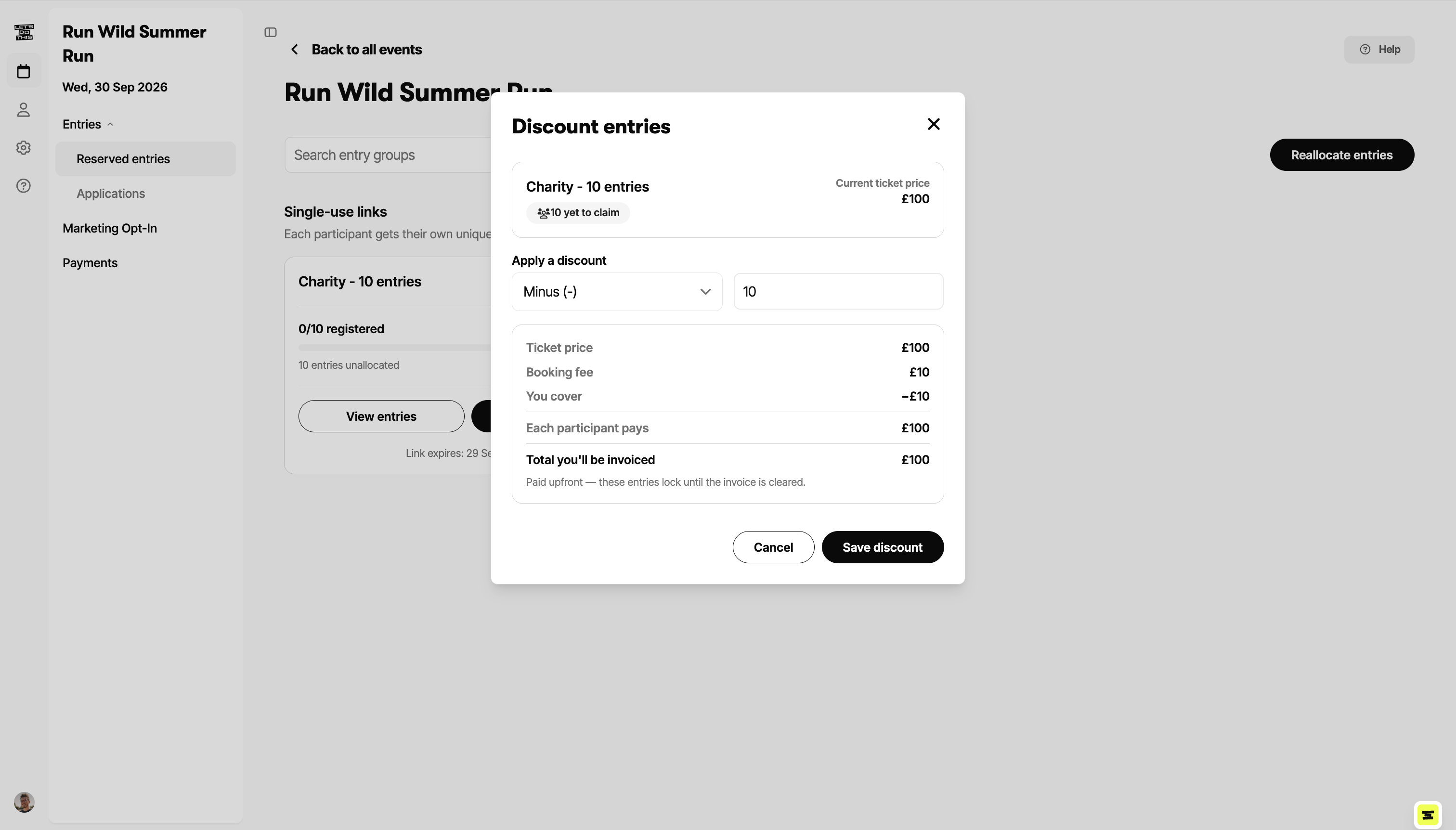 The Discount entries window with the Minus / Percentage dropdown and the You cover and Each participant pays summary