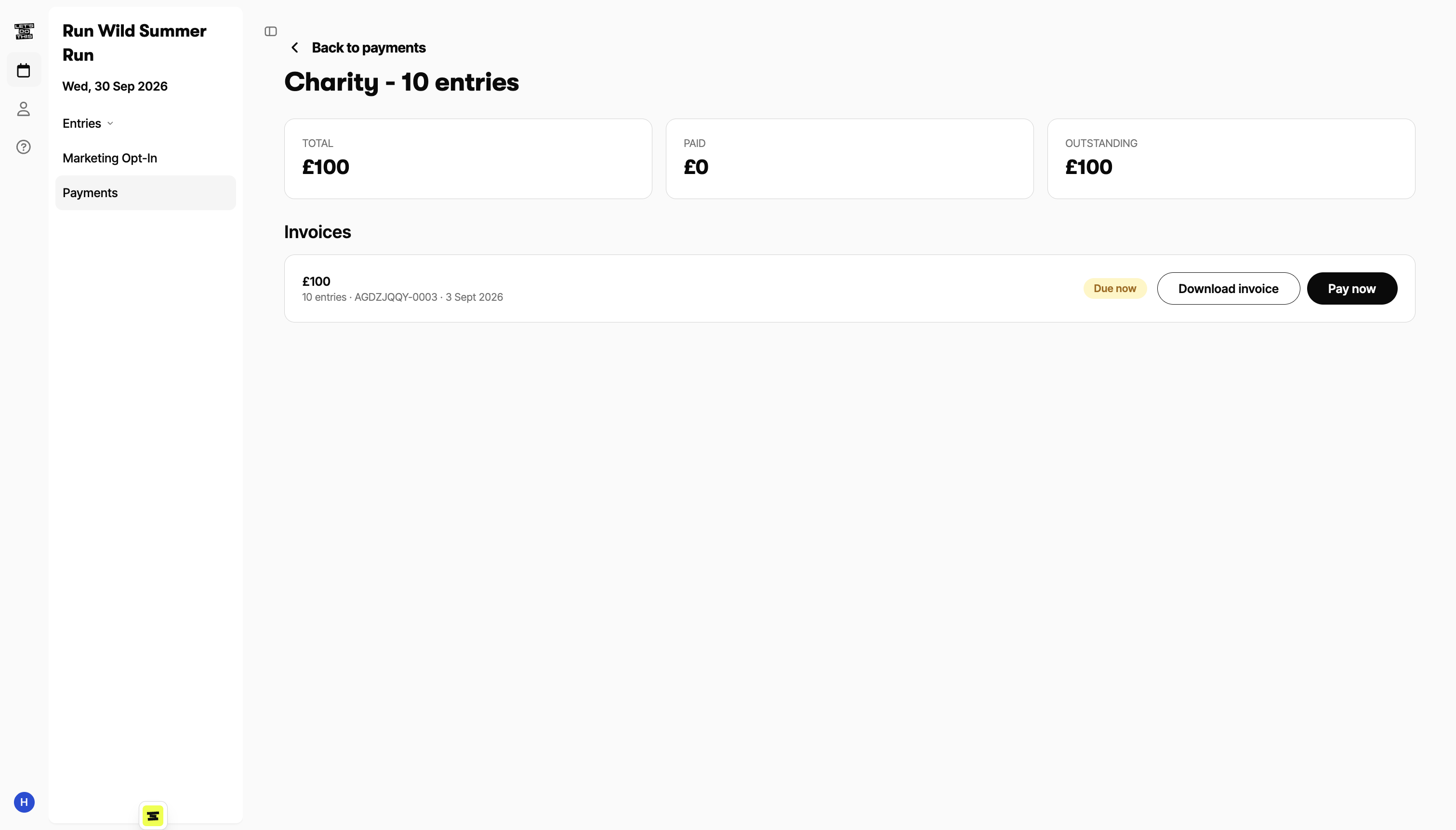 A group's invoices view with Total, Paid, and Outstanding summary tiles above the list of invoices and their status badges
