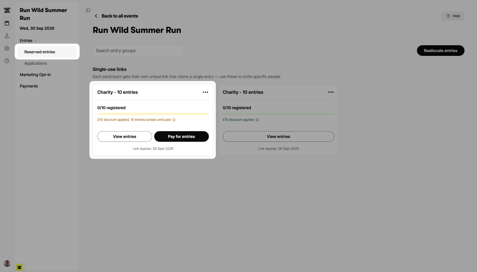 A reserved entry card in the pay-upfront locked state, showing entries locked until paid in amber