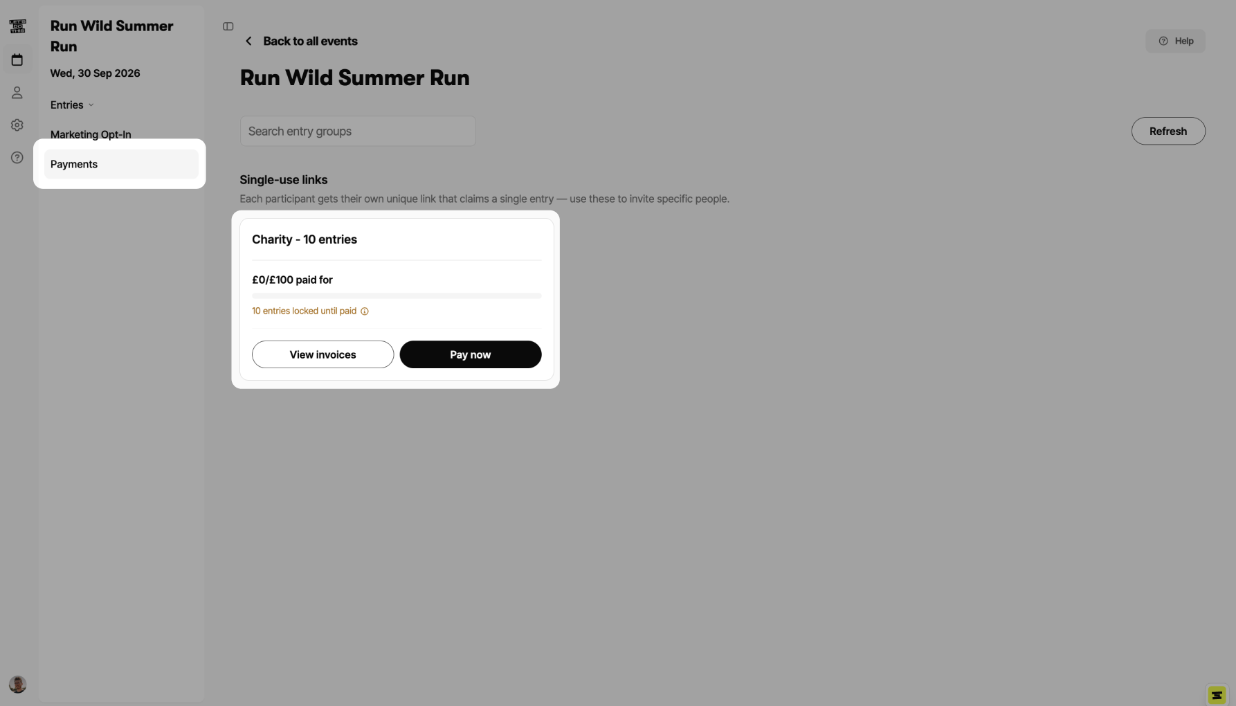 The Payments page listing reserved entry groups as cards, each showing paid of total and a progress bar