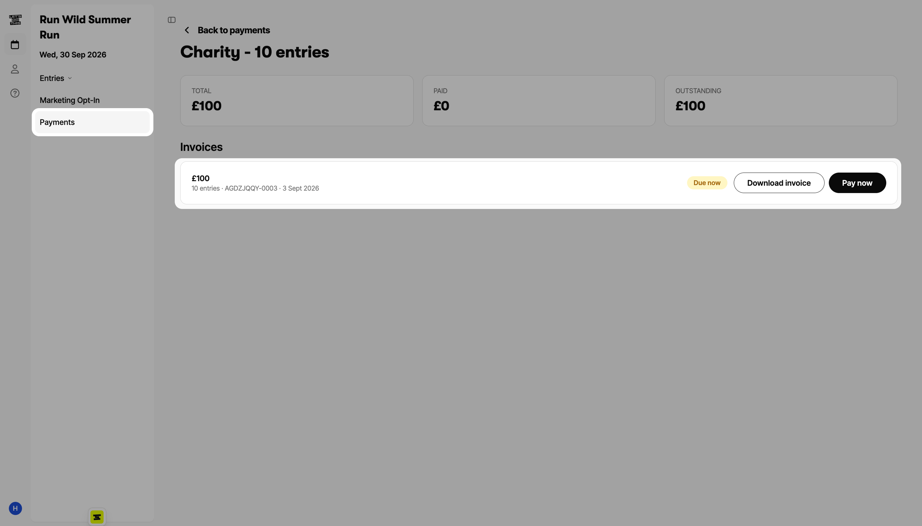 A group's invoices with an invoice marked Due now, alongside Download invoice and Pay now buttons