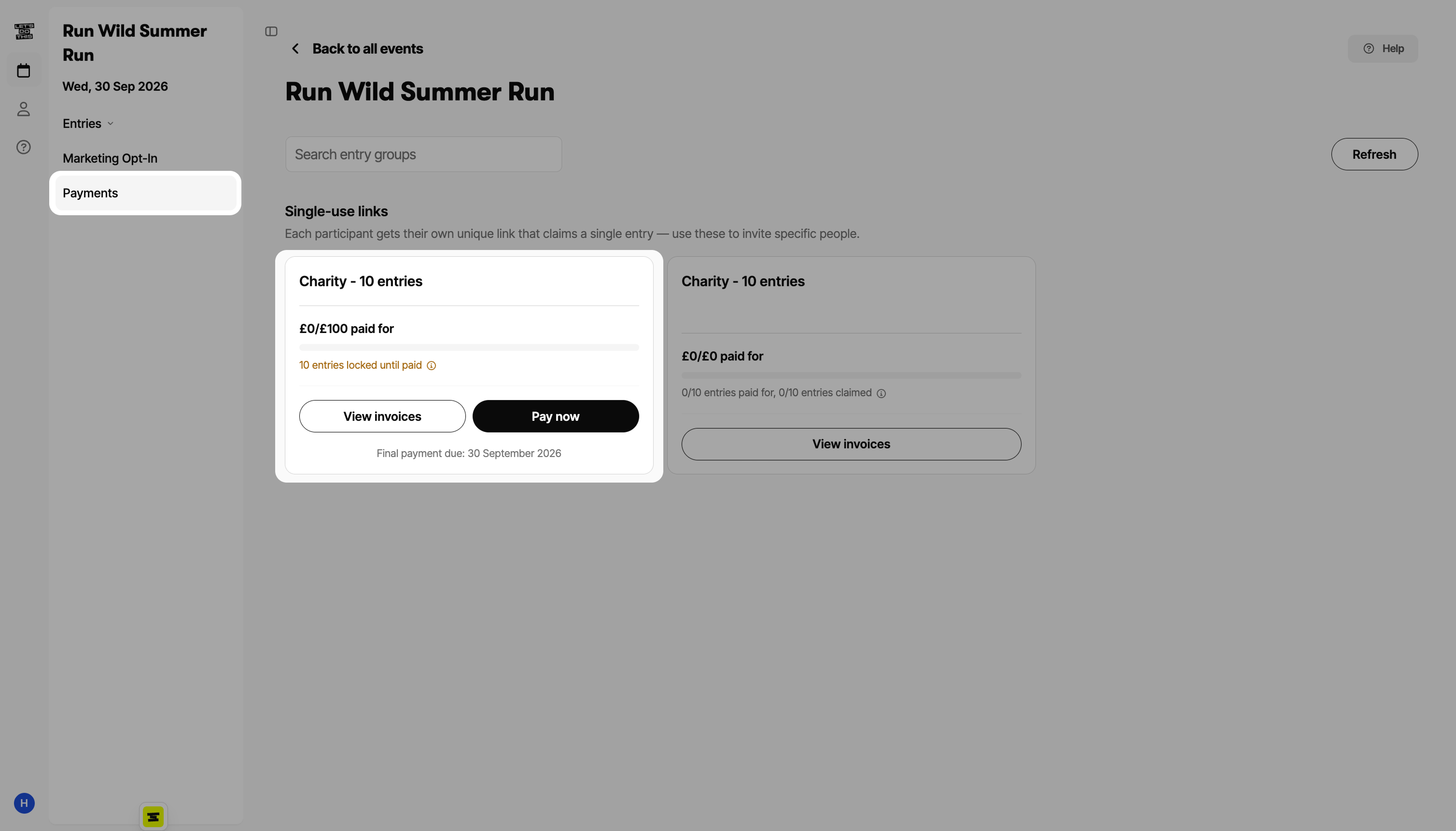 A group card on the Payments page with the Pay now button, showing entries locked until paid and a final payment due date