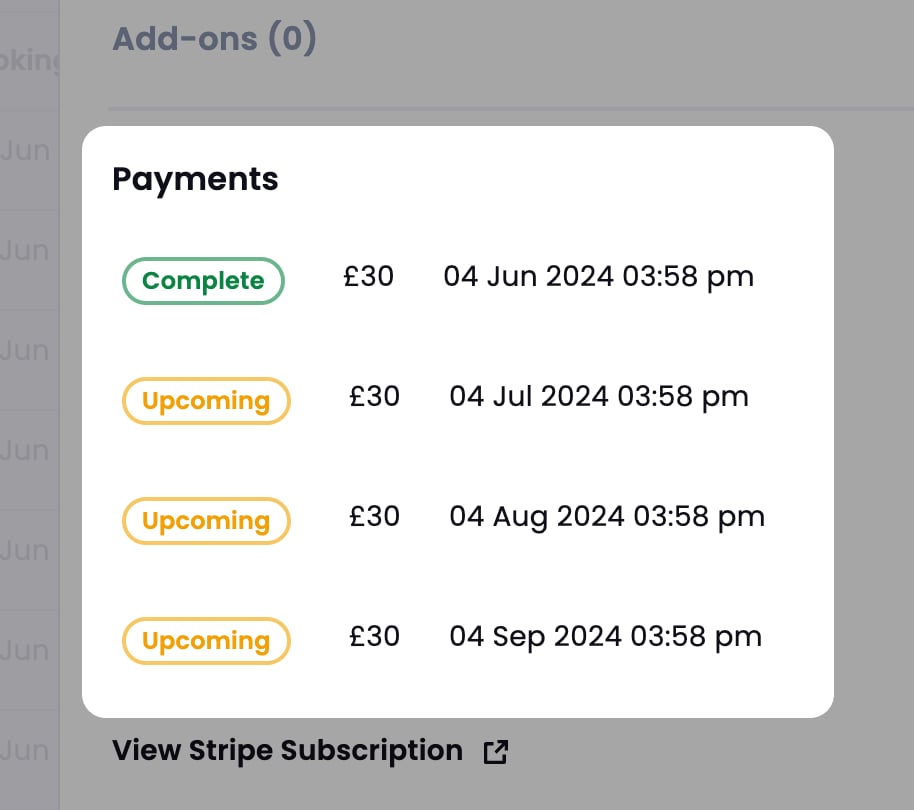 Booking Payments section showing a Complete payment and three Upcoming payments with dates and amounts, plus a View Stripe Subscription link