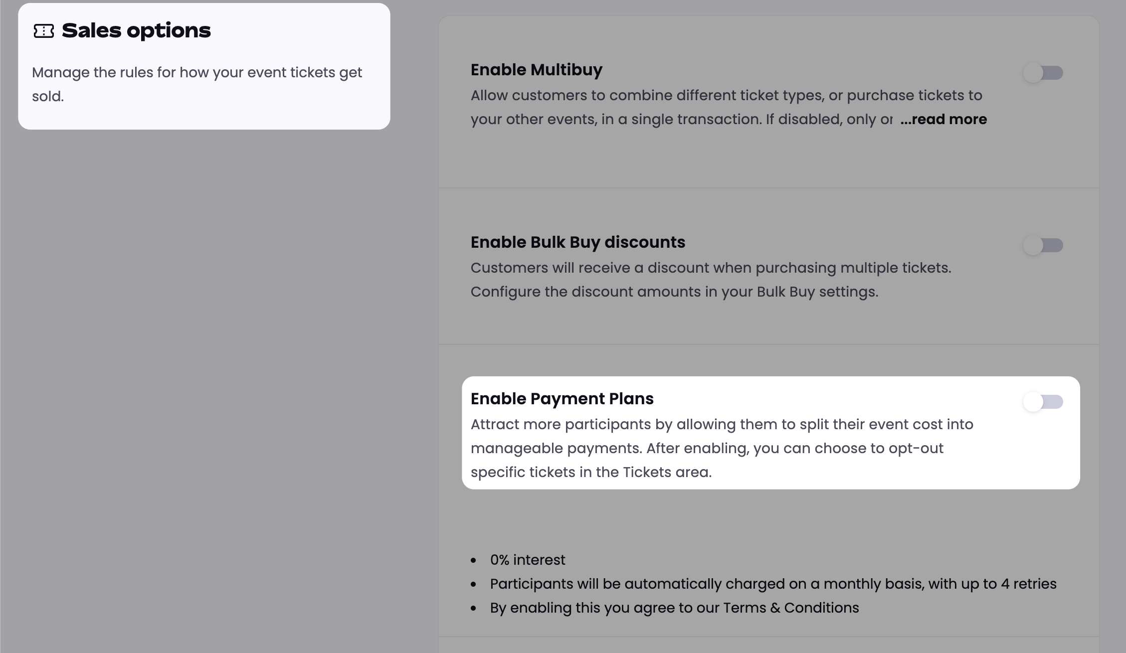 Enable Payment Plans setting with 0% interest, up to 4 retries, and Terms & Conditions notes
