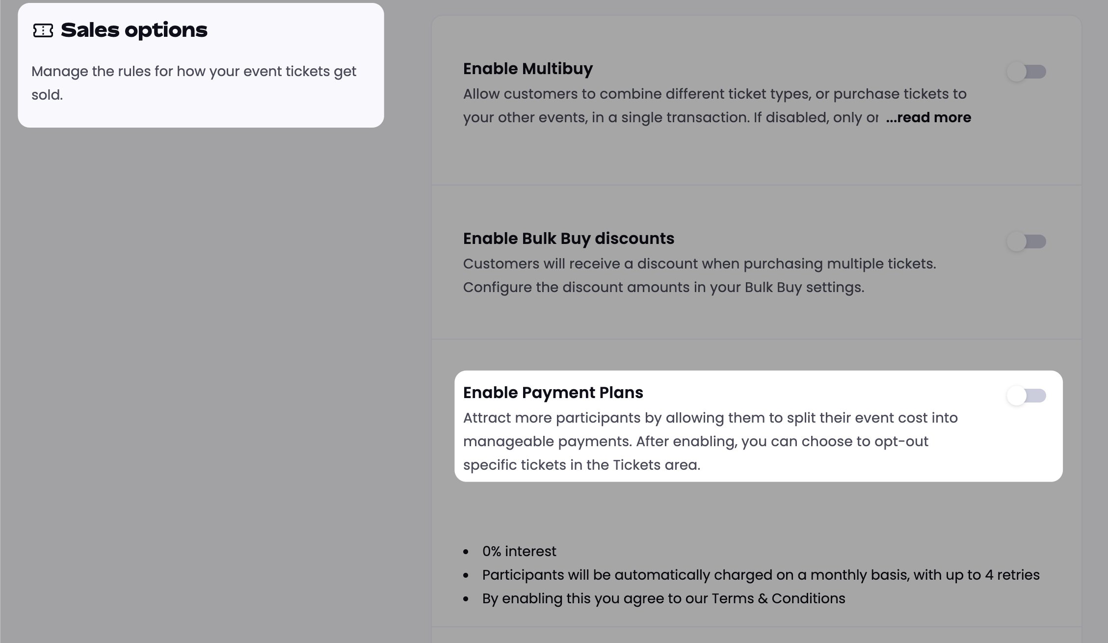 Enable Payment Plans setting with 0% interest, up to 4 retries, and Terms & Conditions notes