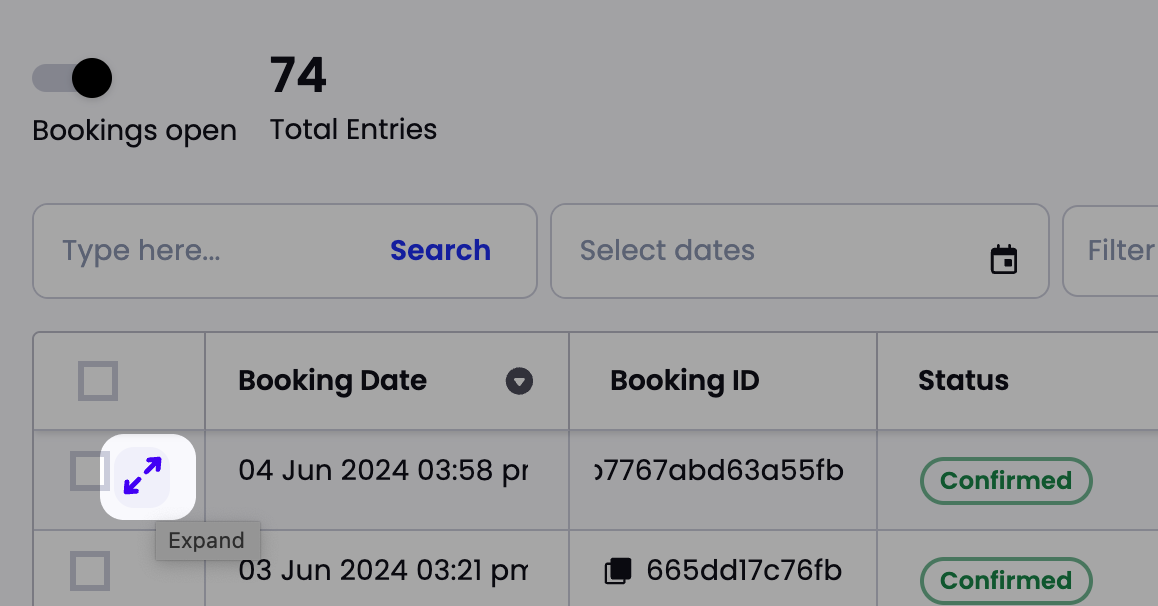 Event bookings list with the Expand button highlighted on a confirmed booking