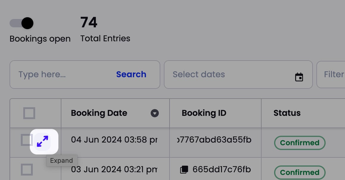 Event bookings list with the Expand button highlighted on a confirmed booking