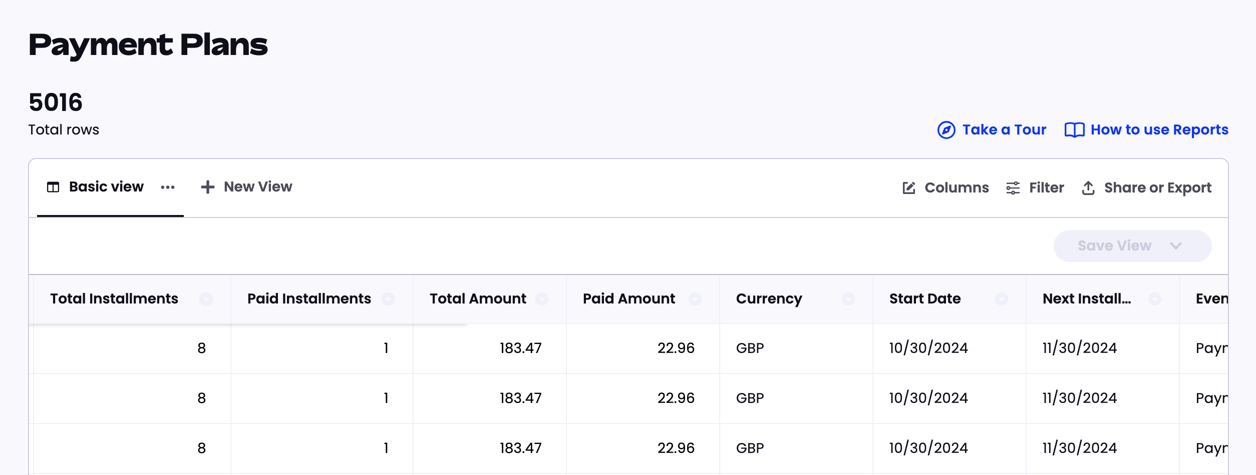 Payment Plans report grid showing total and paid installments, total and paid amounts, currency, start date and next installment per plan